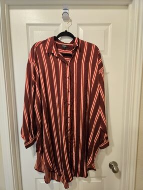 Express Red and Cream Striped Midi Shirt Dress